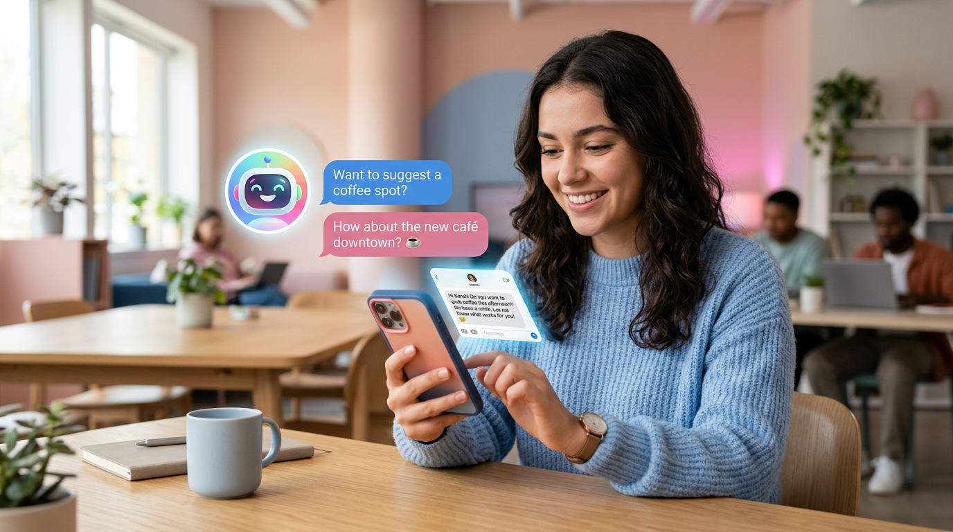 Persona escribiendo mensajes y correos con ayuda de la inteligencia artificial en el celular