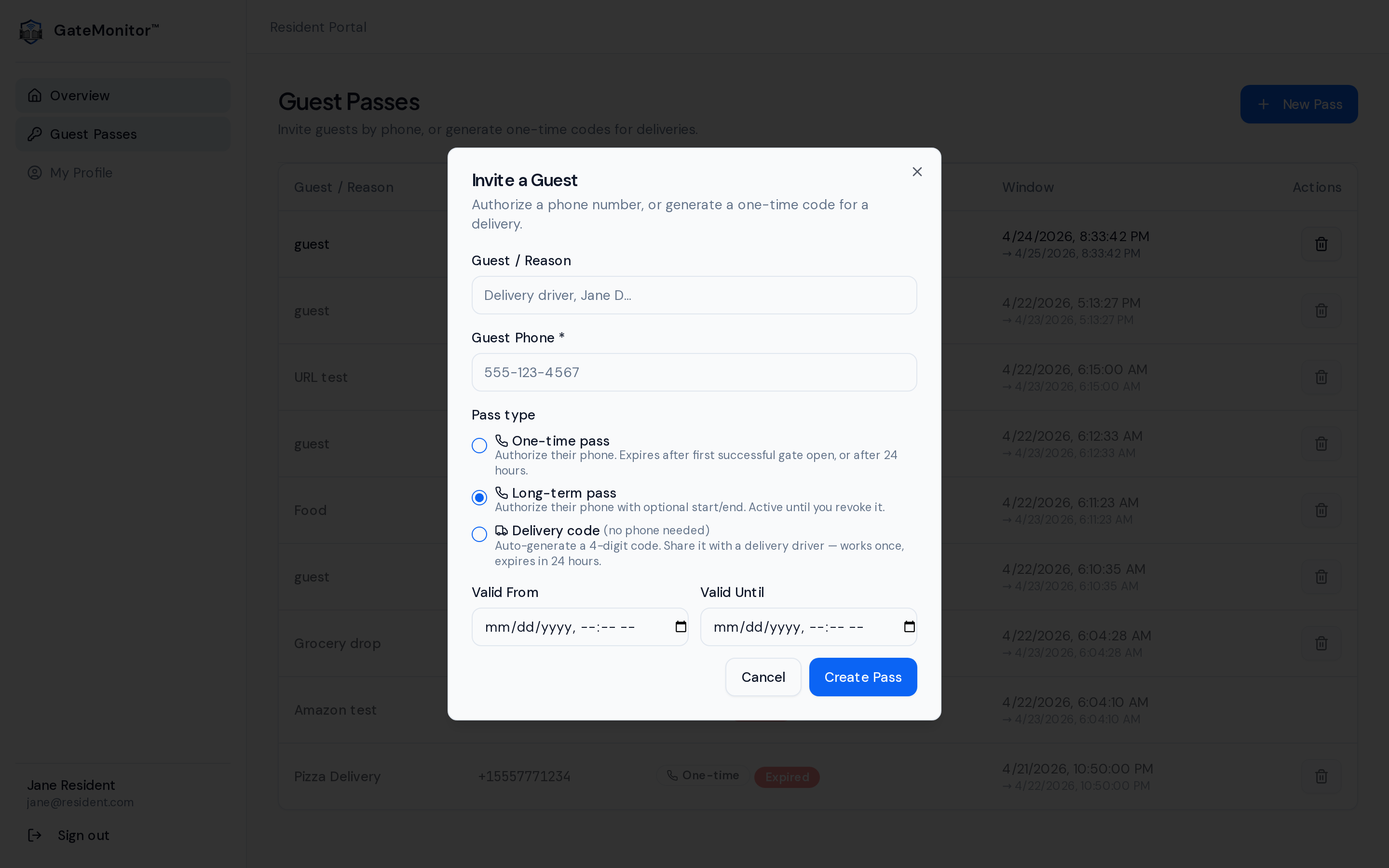 Invite a Guest modal with Long-term pass selected — valid from/until date range with optional revoke