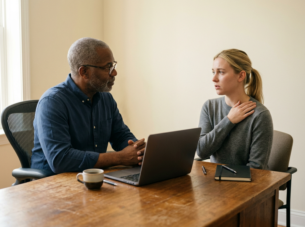 An older Black male career counselor at a desk with a young white female veteran, discussing how her clavicle injury has limited her career options