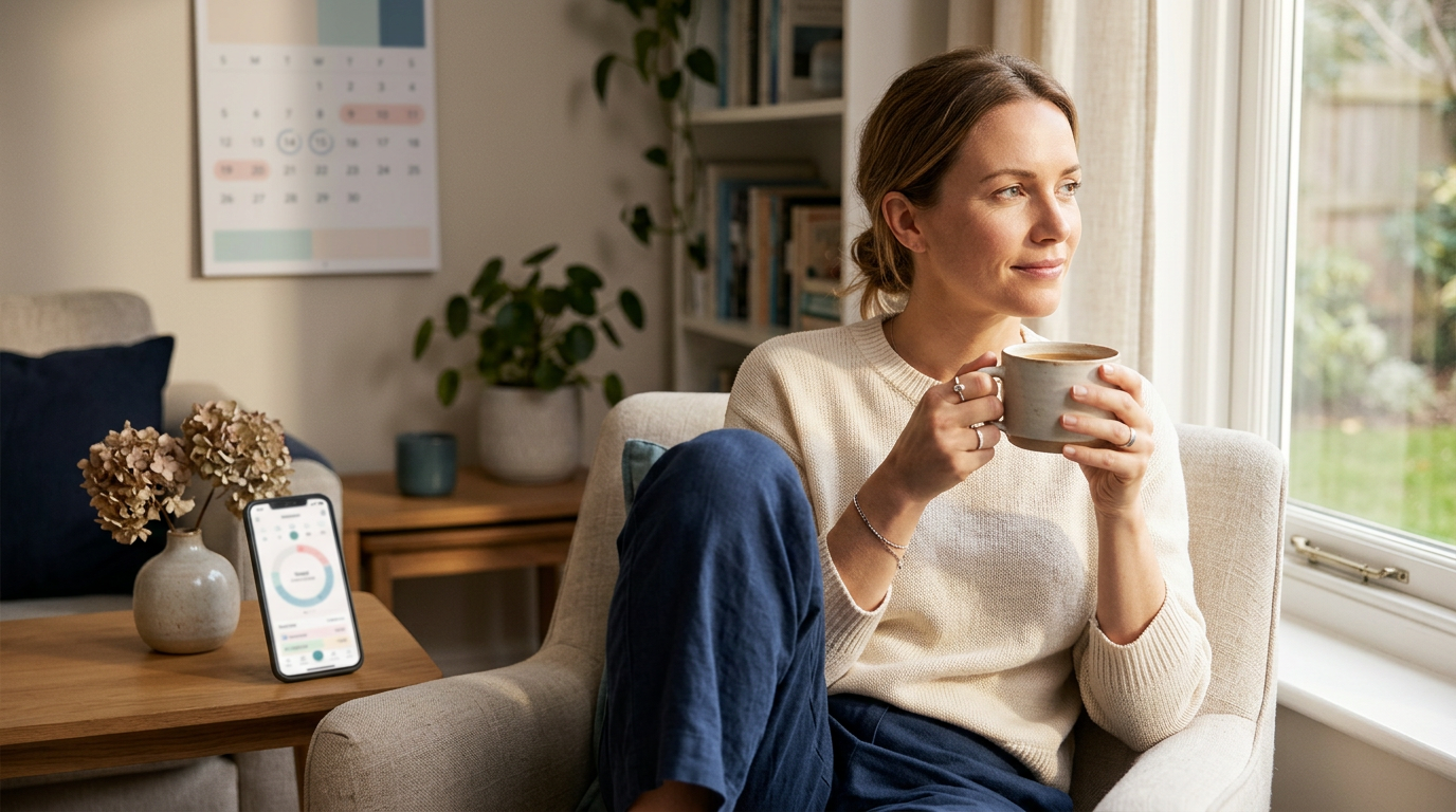 Woman at home holding a warm mug beside a period-tracking calendar, representing menstrual health and wellbeing