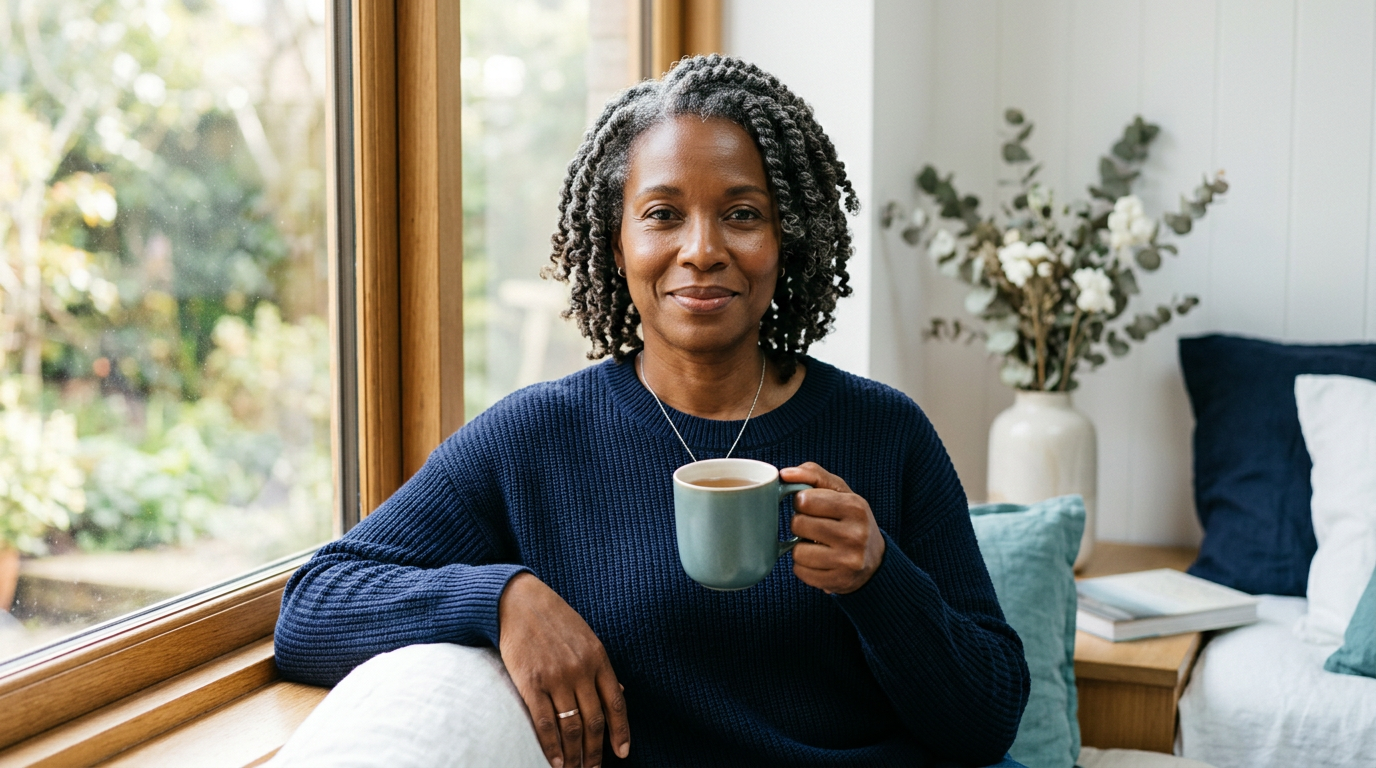 Confident Black woman in her early fifties in soft natural light, representing wellbeing during menopause