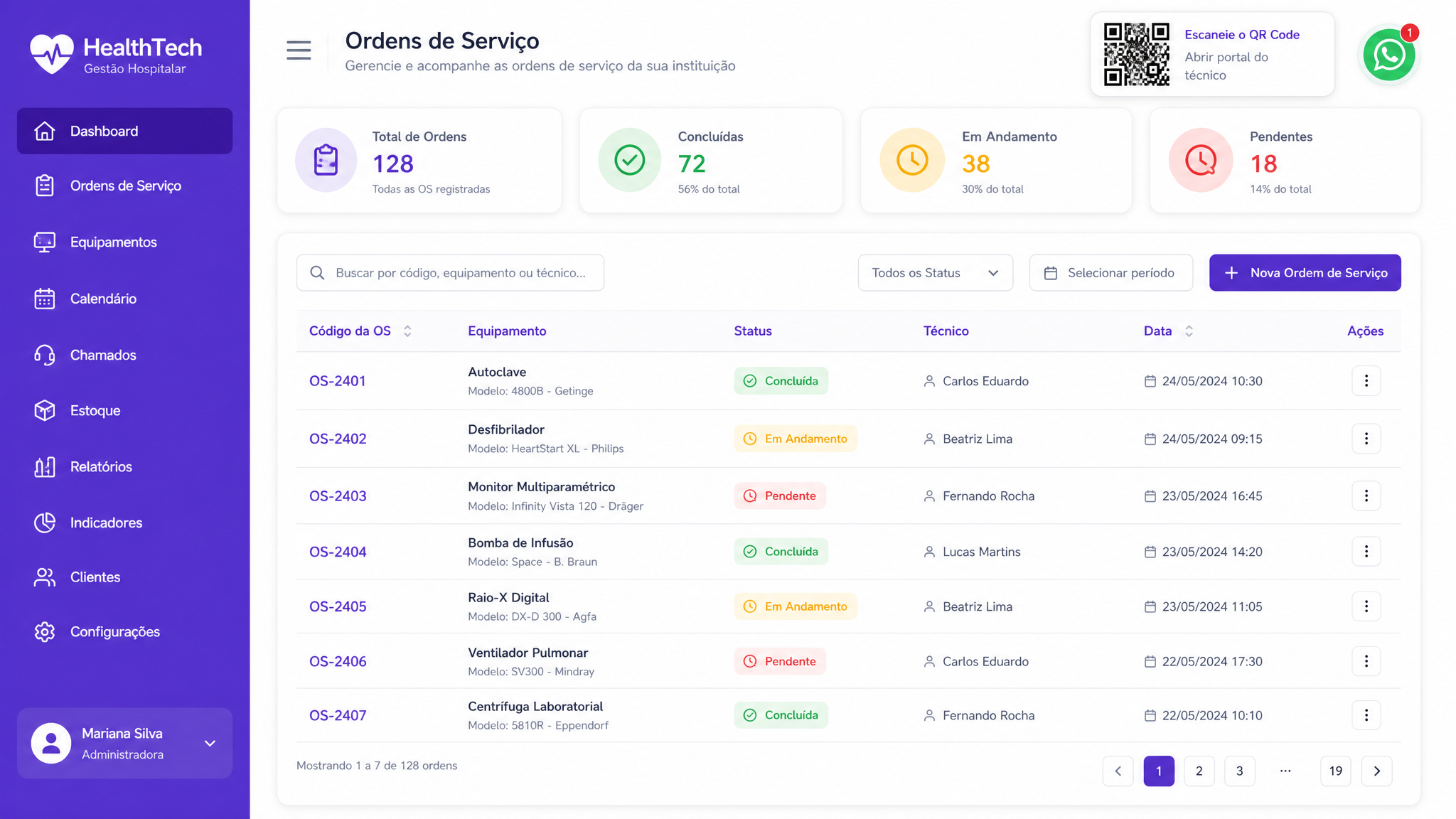 Tela de ordens de serviço do Wolko com lista de OS, status e QR Code
