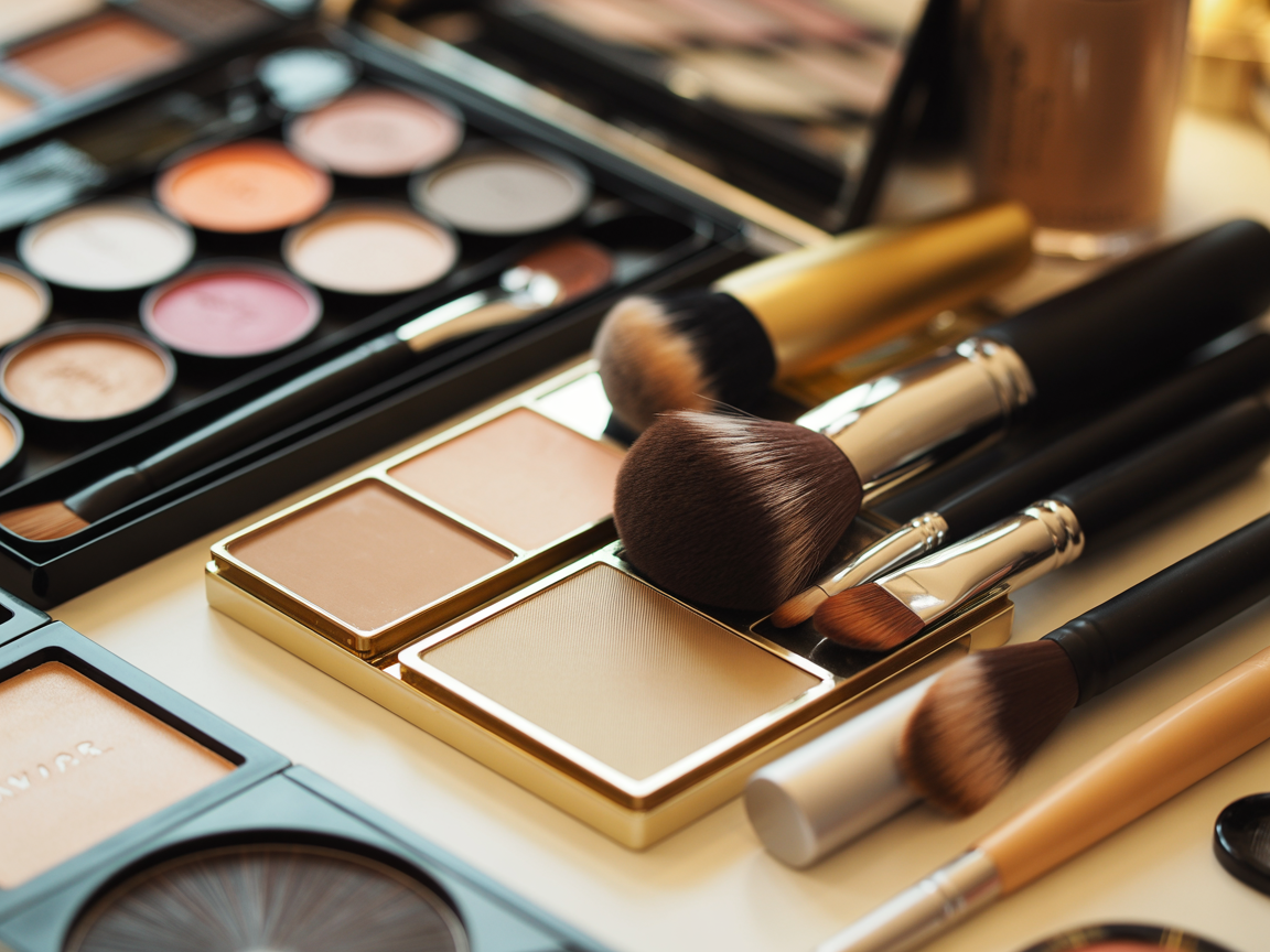 Luxury makeup products and brushes artistic arrangement