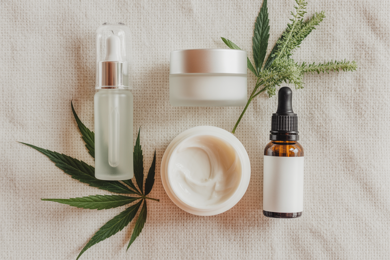 CBD skincare routine products including serum, cream and CBD oil for combination skin
