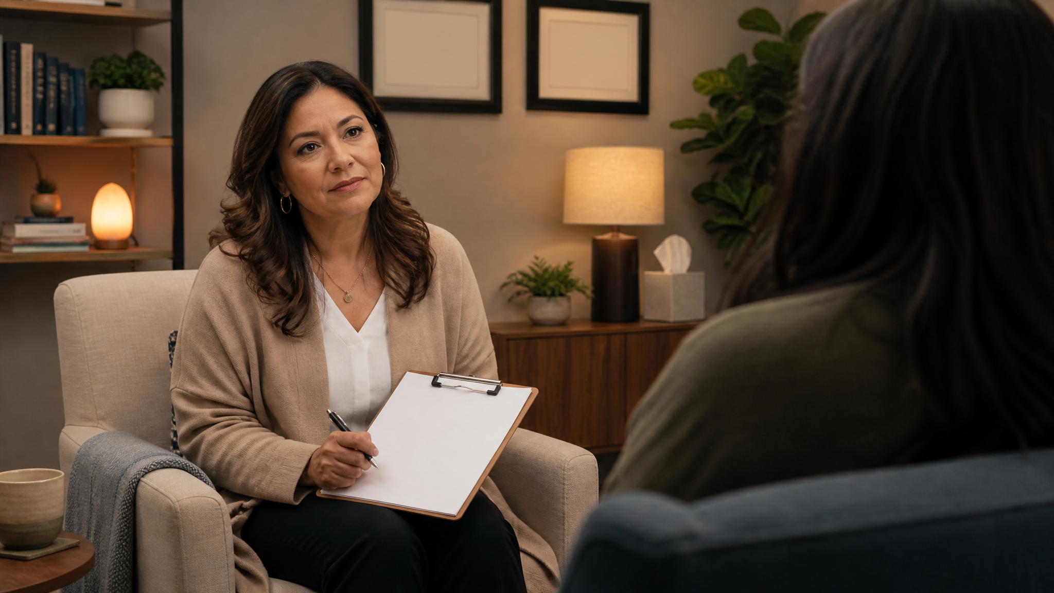 Hispanic female therapist conducting clinical interview in professional office with blank clipboard