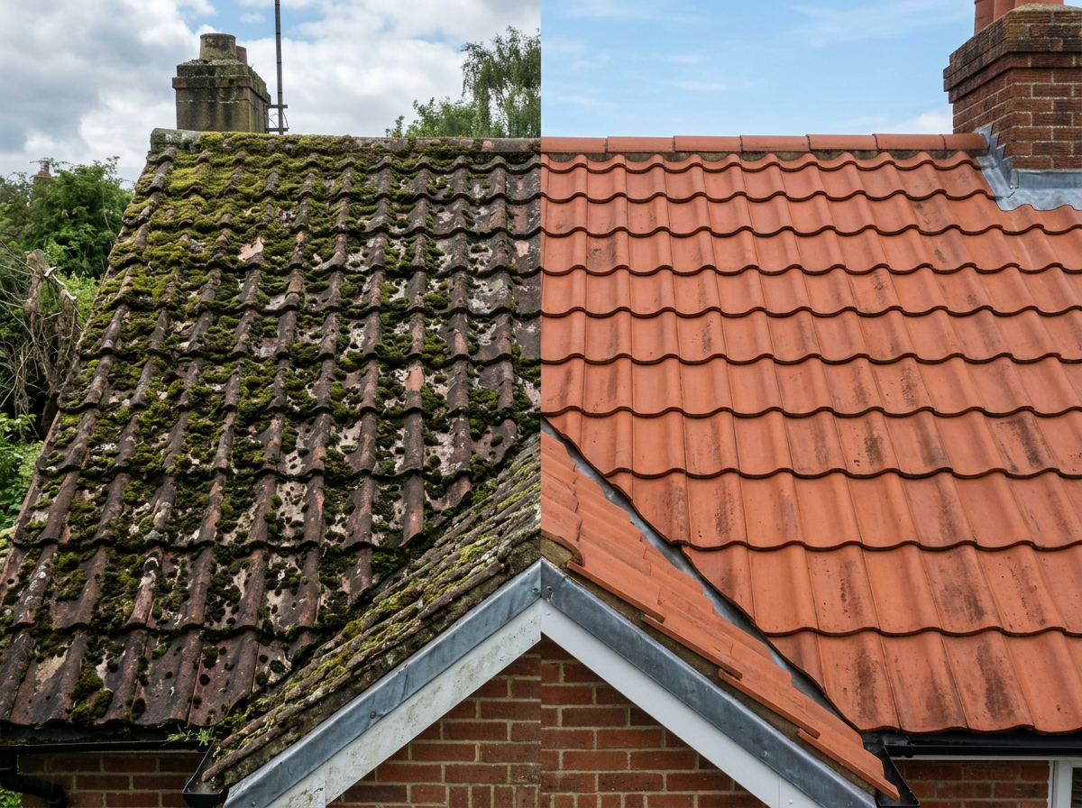Mossy roof tiles next to cleaned tiles
