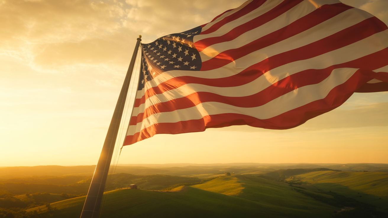 Massive American flag flying from a 700-foot flagpole over the Ozark hills at golden hour