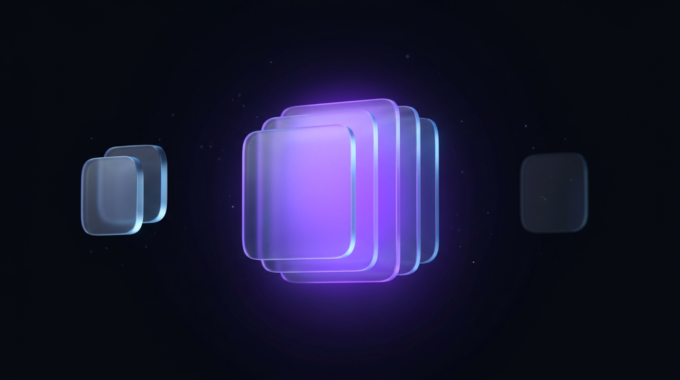 Three frosted glass groupings floating side by side in the dark at different sizes, the balanced middle option glowing brightest violet, representing three alternative ways to spend the same budget