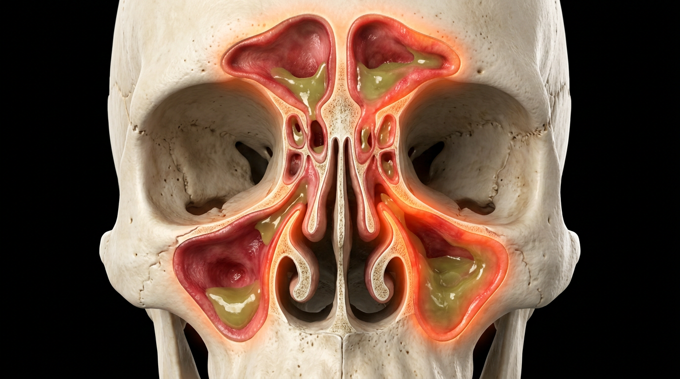 Three-dimensional medical illustration of the human sinus cavities showing inflamed, swollen mucosa and blocked drainage passages against a black background