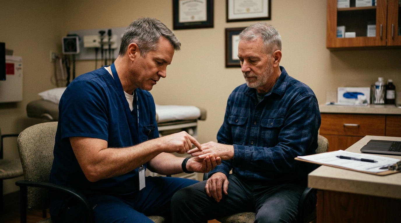 A C&P medical examiner flicking a seated male veteran's middle fingernail to elicit a Hoffmann reflex during a cervical-myelopathy compensation examination in a dim clinical exam room