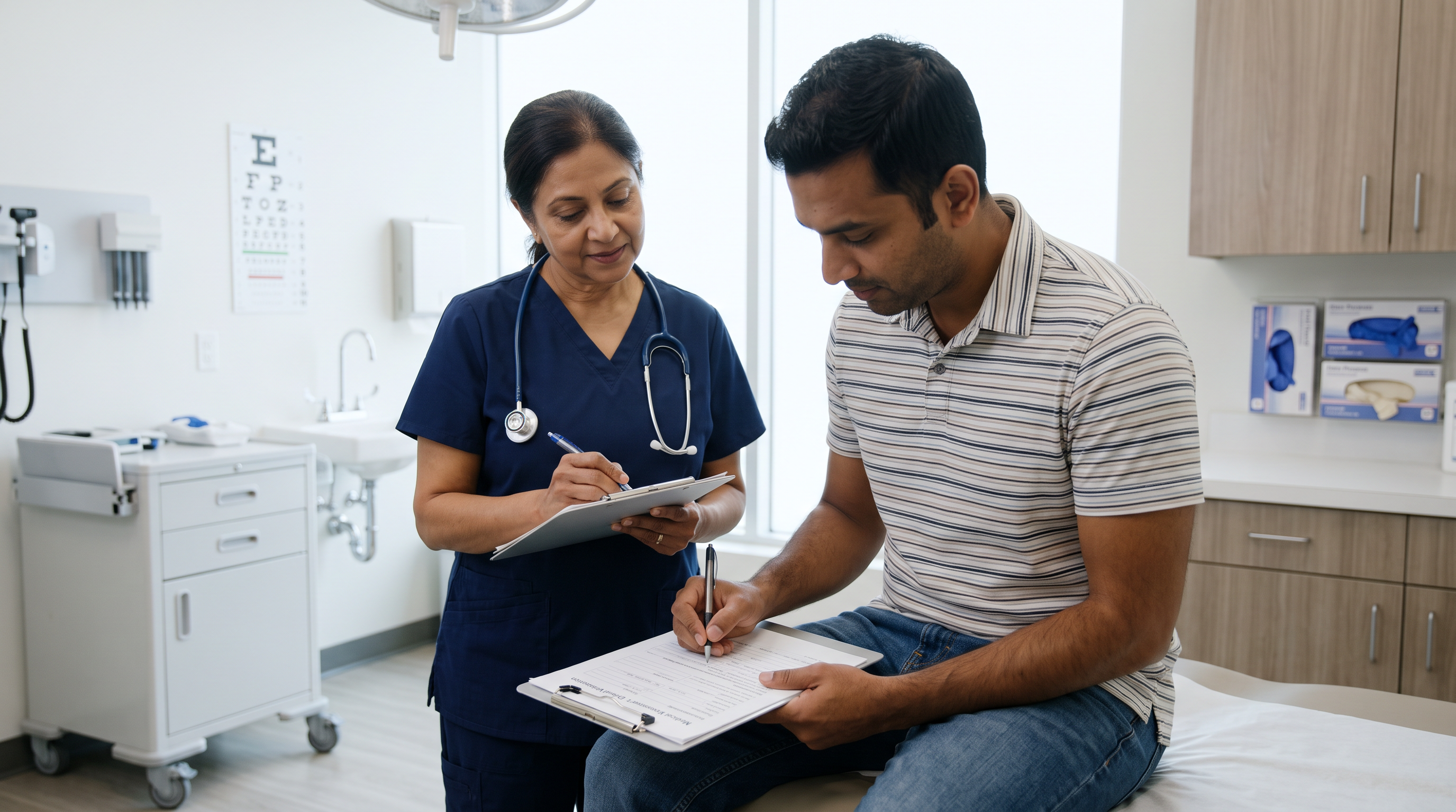A South Asian woman clinician noting which hand a South Asian male patient uses to sign an intake form, both of his arms visible for comparison