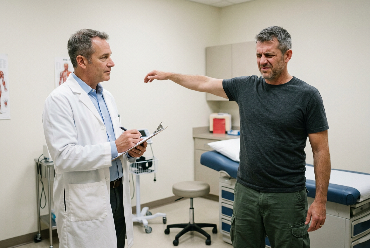 A veteran performing repeated arm raises during a shoulder exam, the clinician documenting increasing pain and decreasing range with each repetition