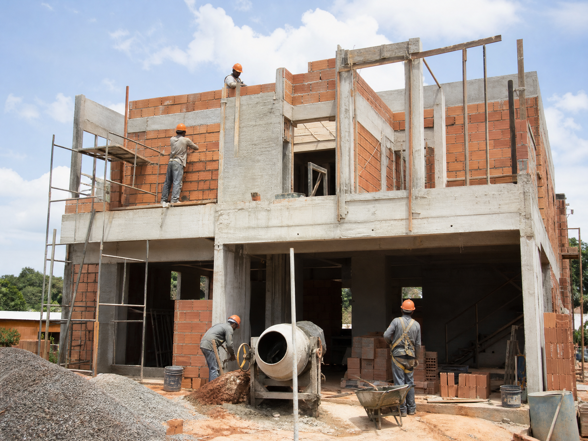 Obra de construção residencial com estrutura e alvenaria