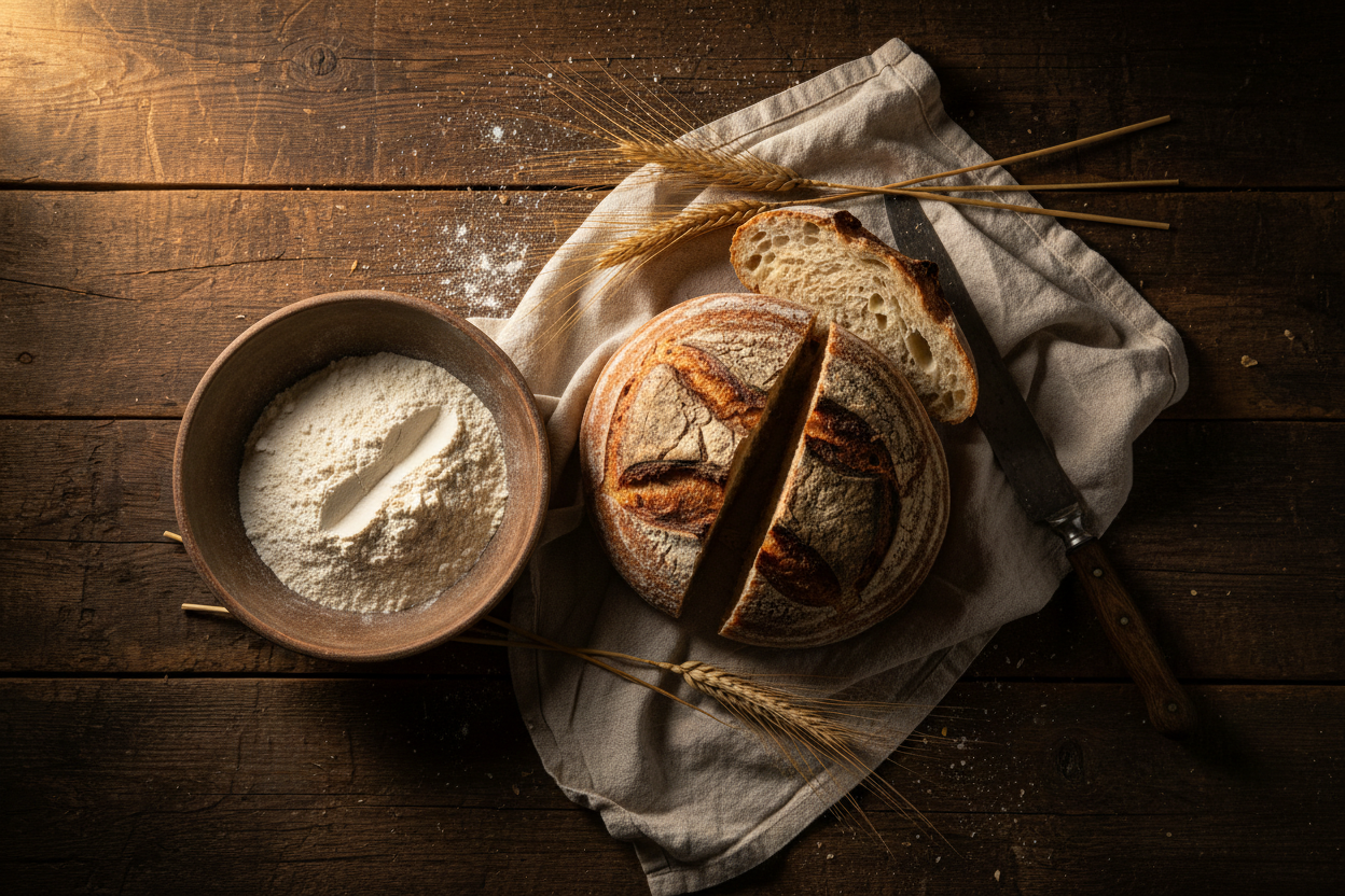 Mesa rústica com pão artesanal e ingredientes