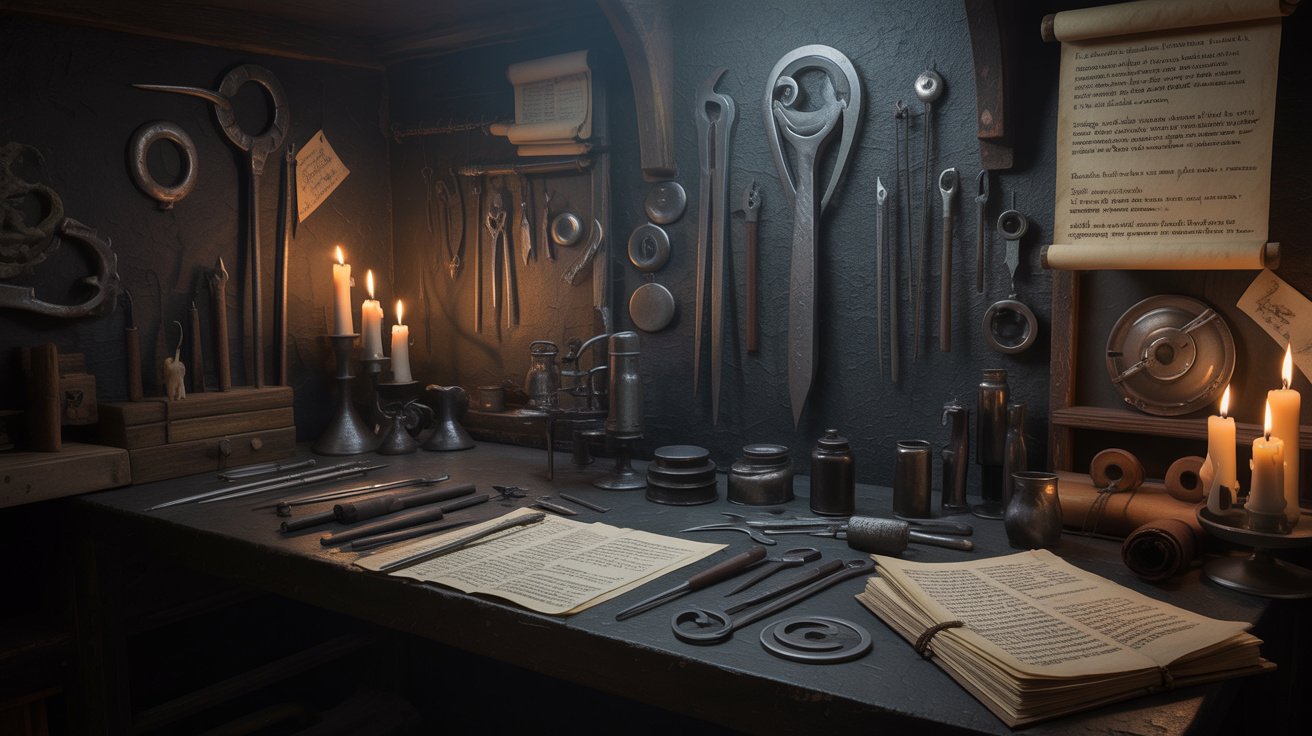 Dark artisan sanctum with manuscripts and candles