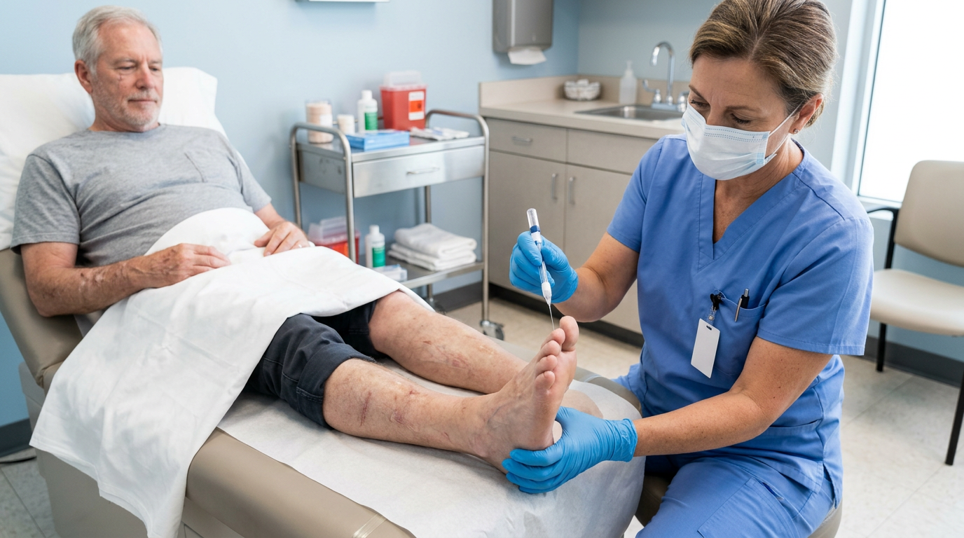 Podiatrist pressing a monofilament probe against the sole of a white male veteran's bare foot to test protective sensation