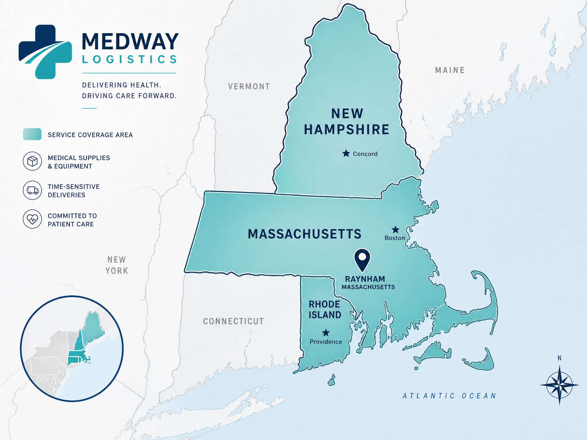 Map of JimmyTransports' service area centered on Raynham, covering Massachusetts, Rhode Island, and up to New Hampshire
