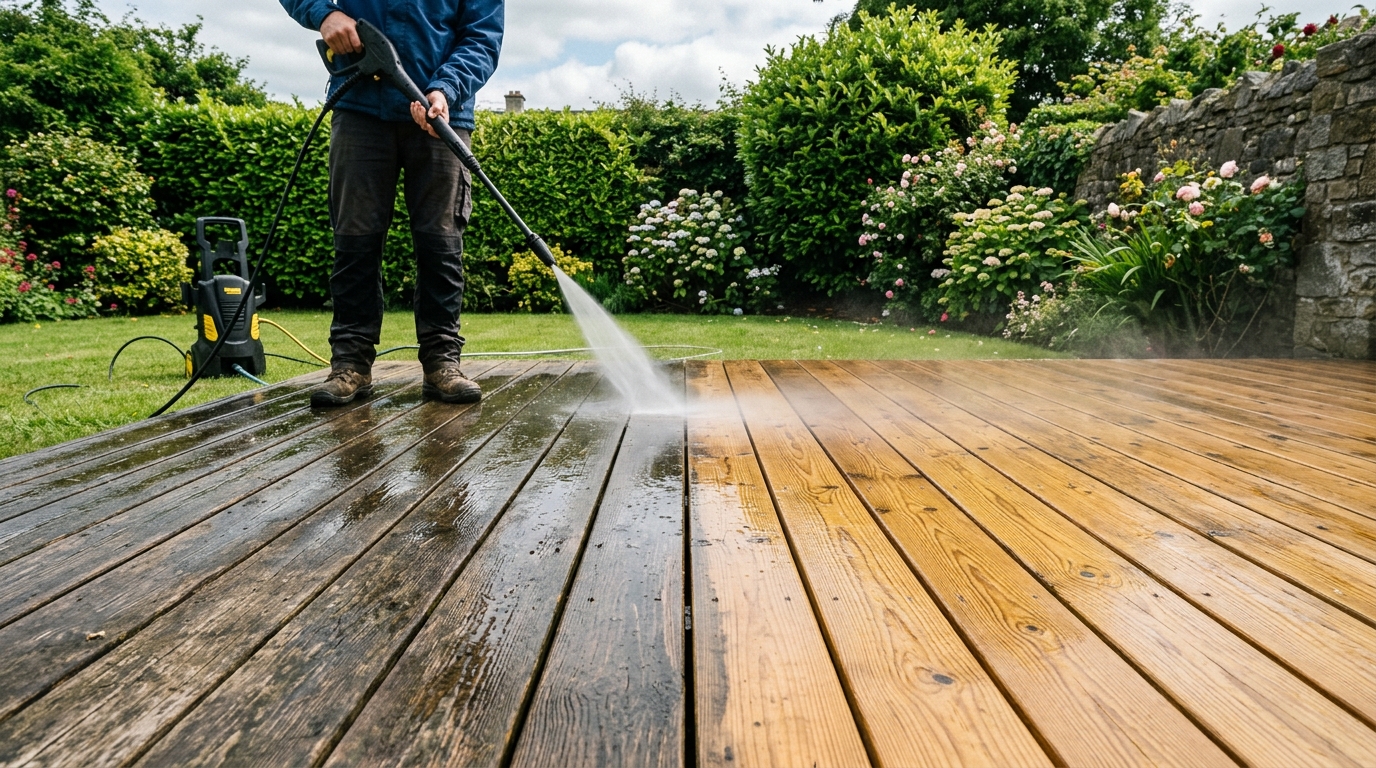 Wooden deck being pressure washed in an Irish garden setting