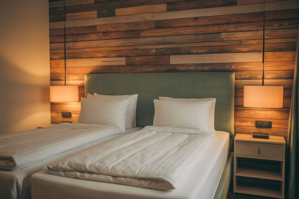 Cozy lodge room at The Hayfield with comfortable beds