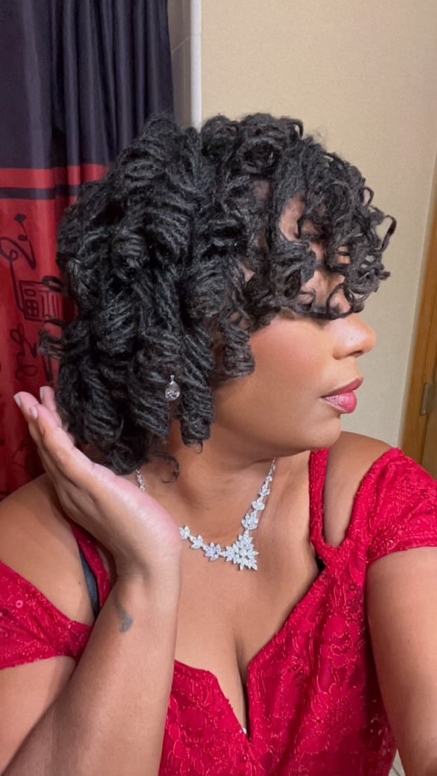 Gorgeous curled Sisterlocks styled for a special occasion with elegant jewelry at CandieLocks Las Vegas