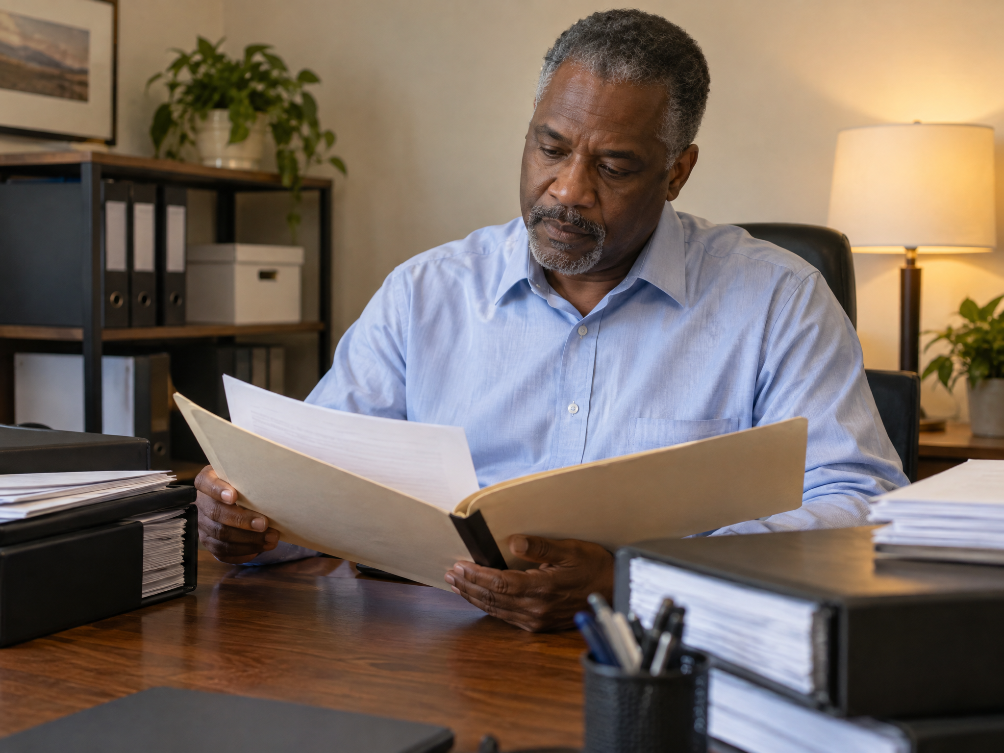 Veteran advocate reading a case file at a desk stacked with claim binders