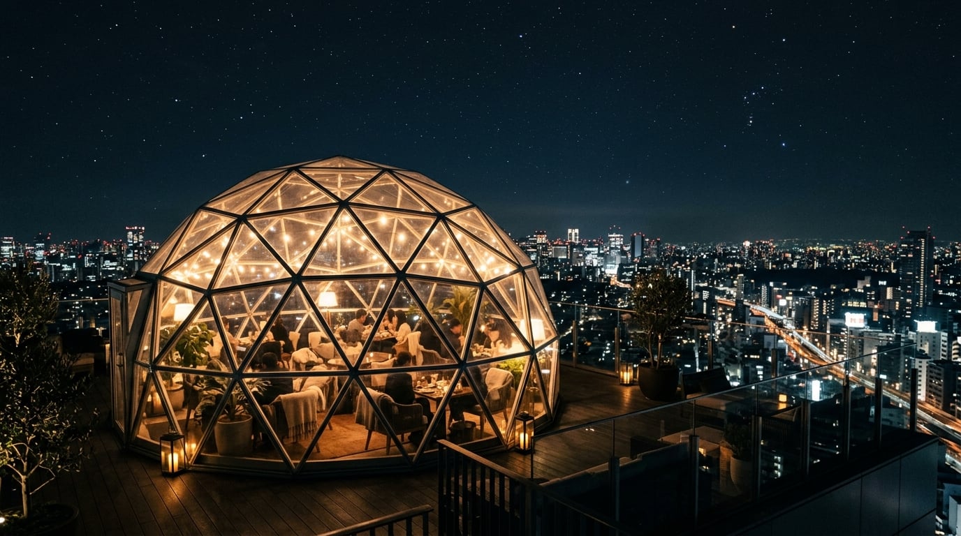 Transparent dome exterior at night