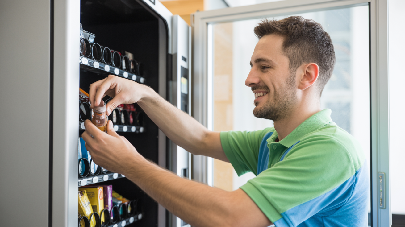 Seth Joseph servicing a vending machine in a clean Austin office breakroom