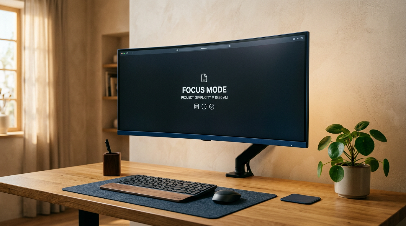 Espaço de trabalho minimalista digital com monitor limpo e planta