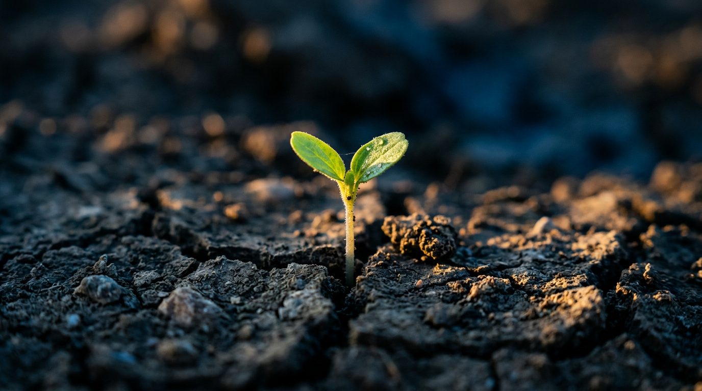 Planta pequena brotando de solo árido, simbolizando crescimento e resiliência