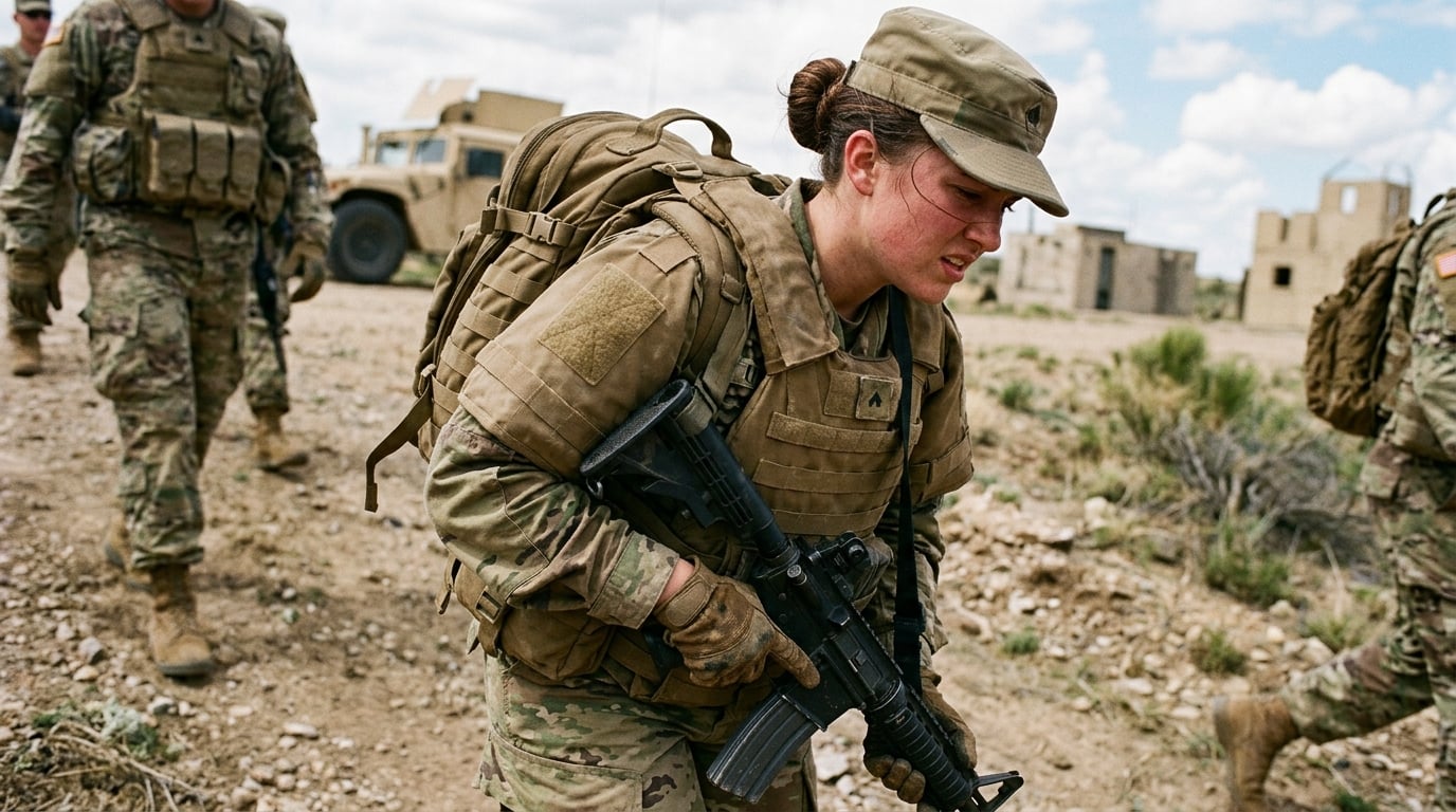 A woman soldier in oversized body armor and a heavy rucksack during training