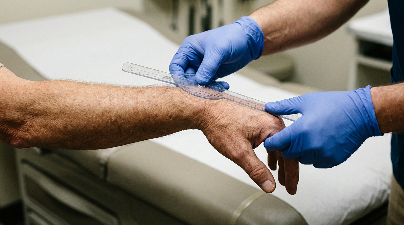 Close-up of a clinician placing a goniometer against a veteran wrist joint to measure the palmar flexion angle on a clinical examination table