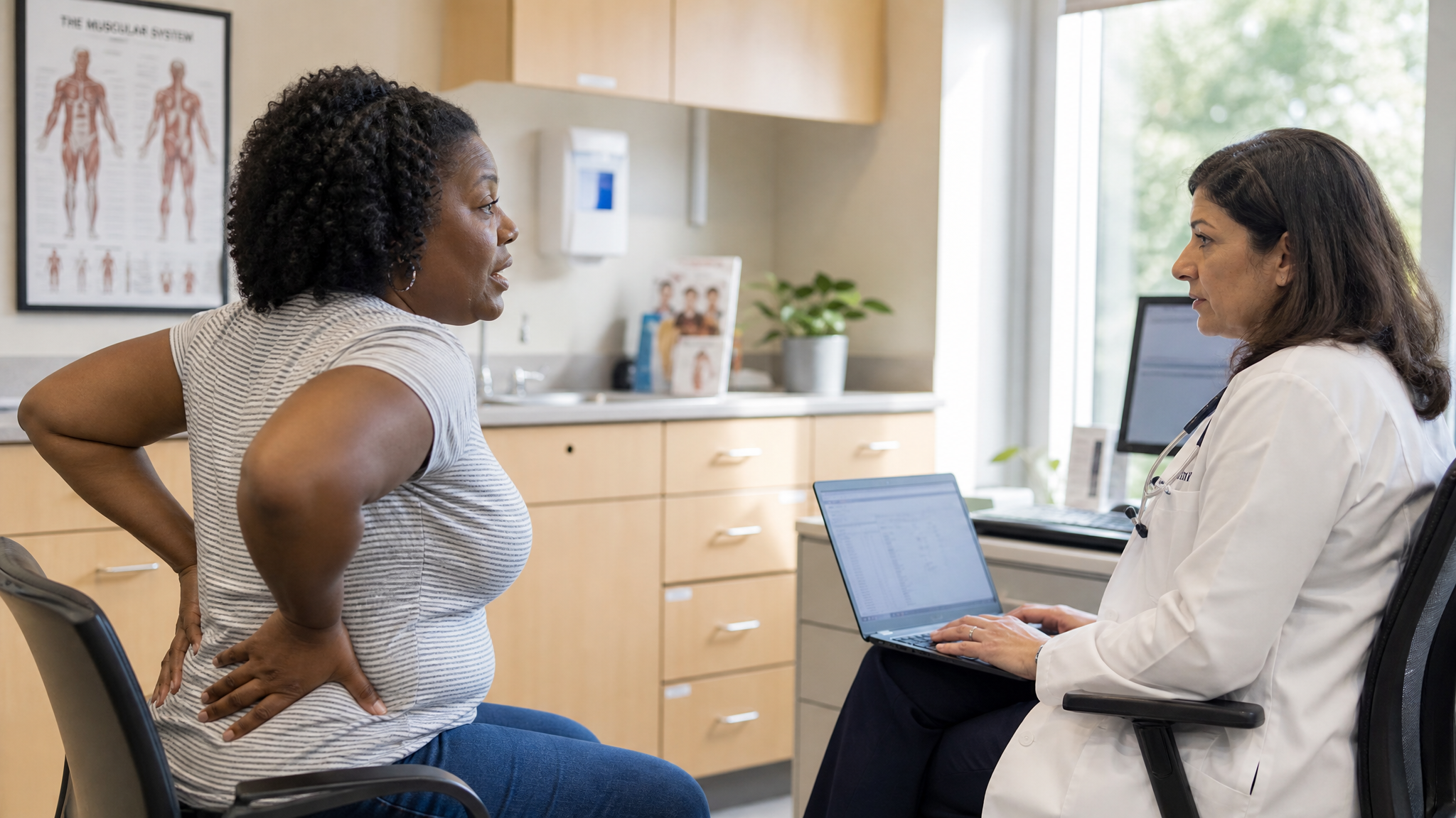 Clinician interviewing a seated Black woman who is gesturing to her low back about flare-ups