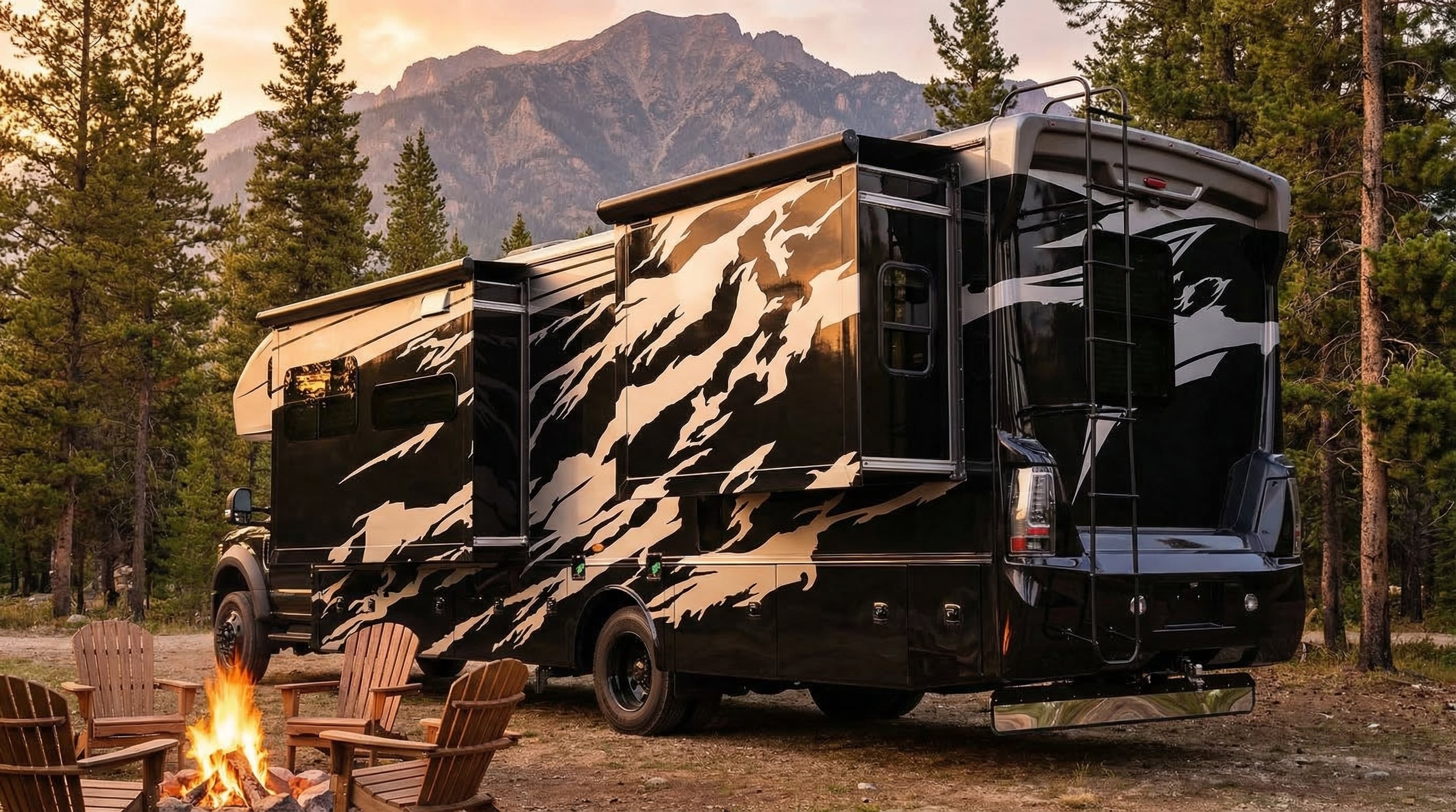 Super C motorhome at campsite with campfire at golden hour