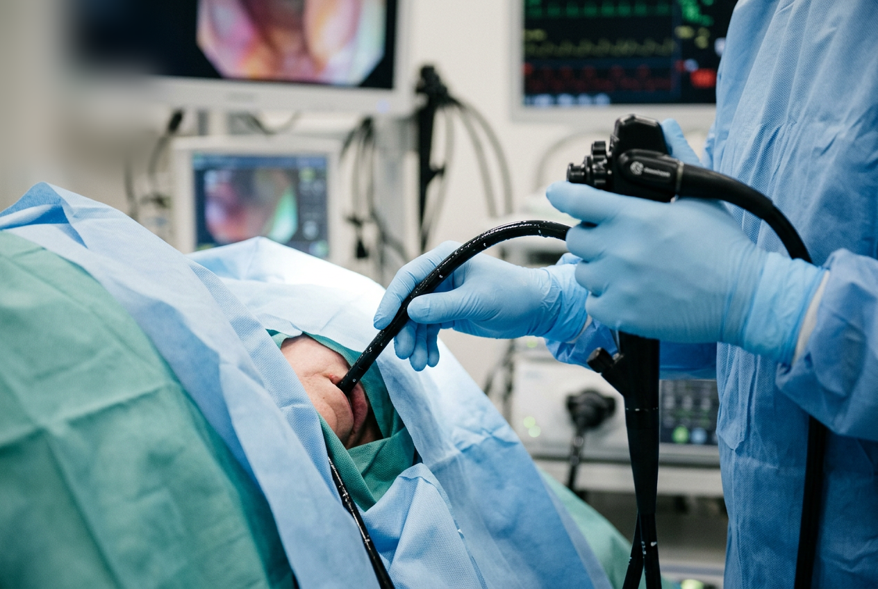 Close-up of gloved medical hands guiding a flexible endoscope during an upper endoscopy procedure with clinical draping and monitors in the background