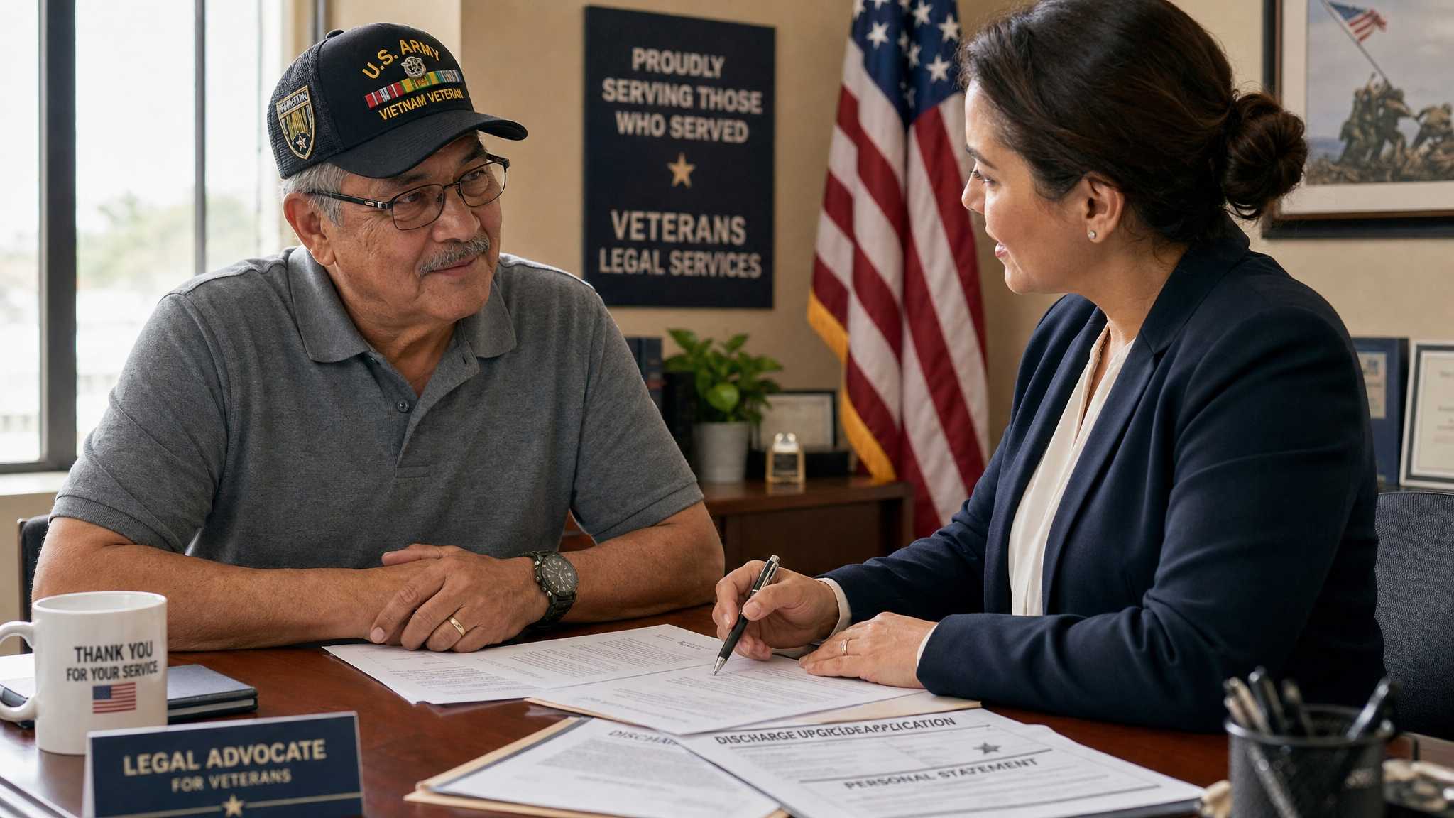 A Latino male veteran reviewing his discharge upgrade paperwork with a veterans service officer at a desk