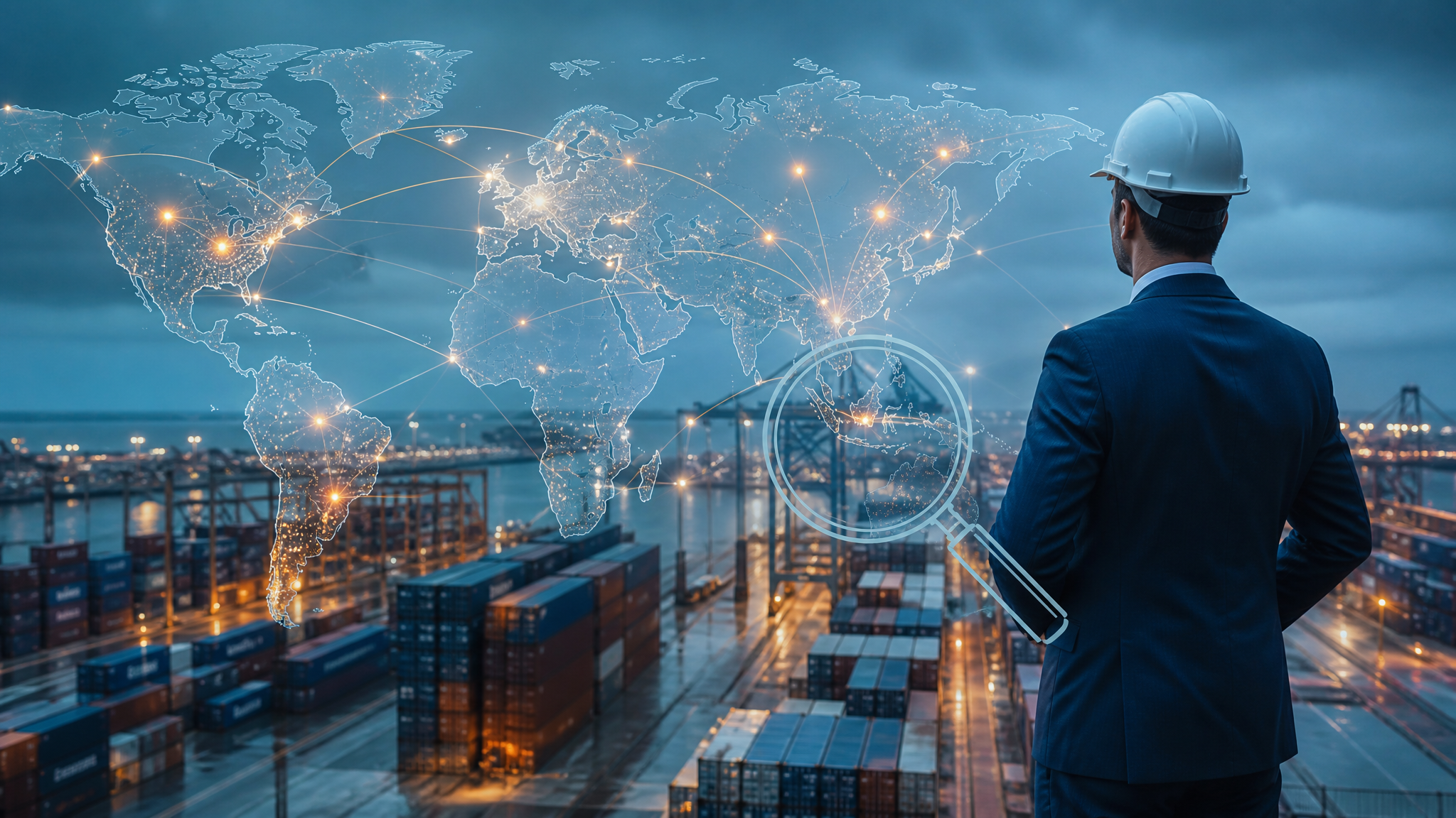Global supply chain compliance audit concept with network map, industrial port infrastructure, and magnifying glass overlay in muted blue and gray tones.