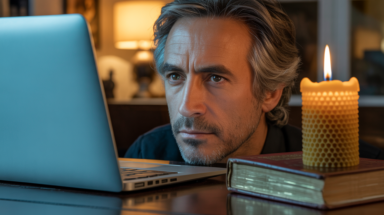 Čovek za laptopom uz upaljenu pravoslavnu sveću i kožnu knjigu — hesihazam sreće kod. Tehnologija i duhovnost prikazane kroz čoveka koji koristi laptop uz sveću i knjigu, simbol balansa između digitalnih algoritama i unutrašnje svesti