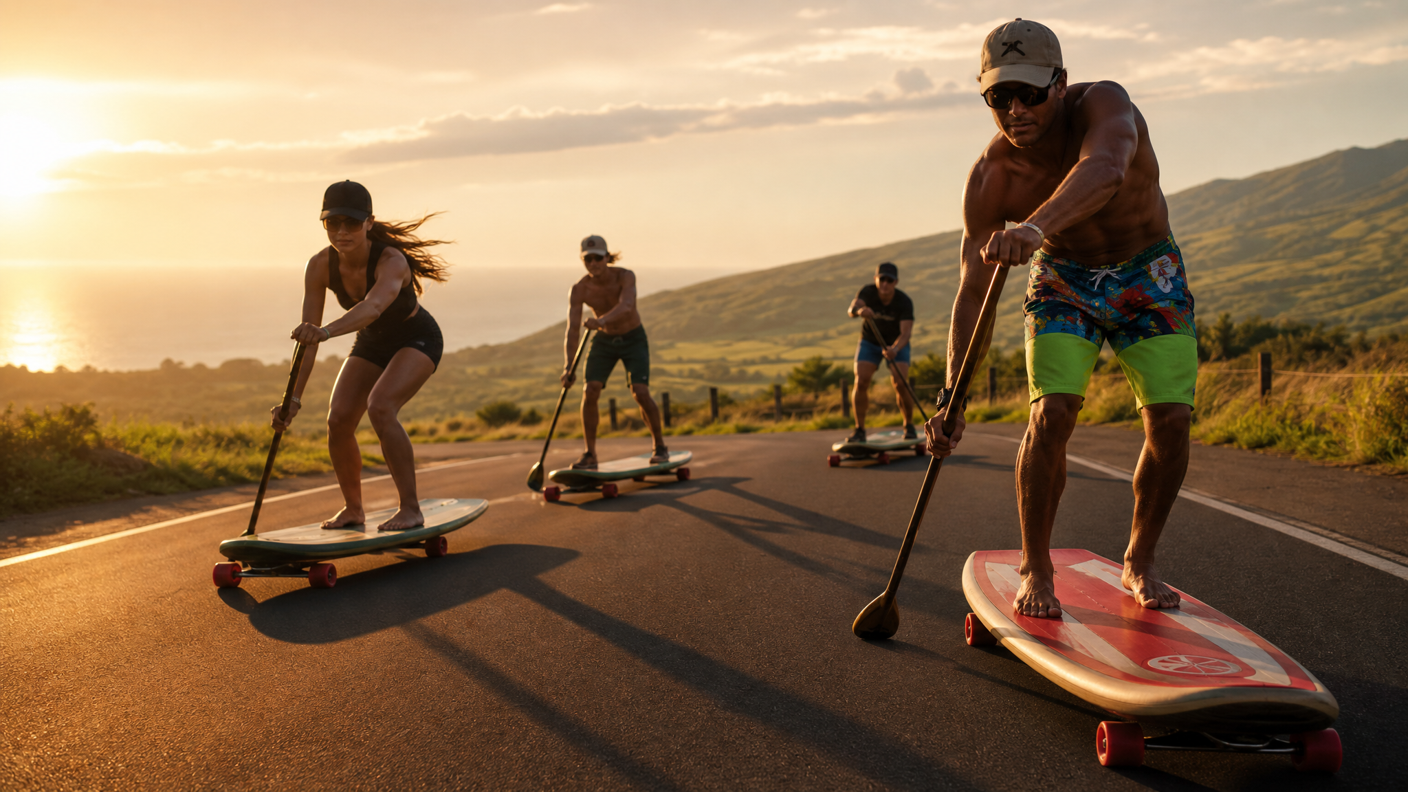 Multiple people land paddling on longboards along a scenic road at golden hour