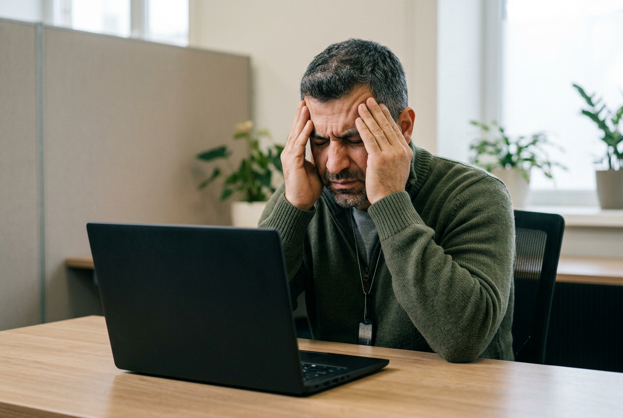 A man sitting at a desk holding his head in both hands, unable to concentrate, with a closed laptop in front of him