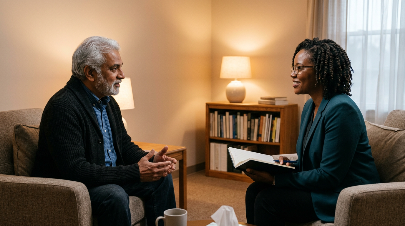 Veteran in a therapy session discussing emotional impact of erectile dysfunction with a mental health professional
