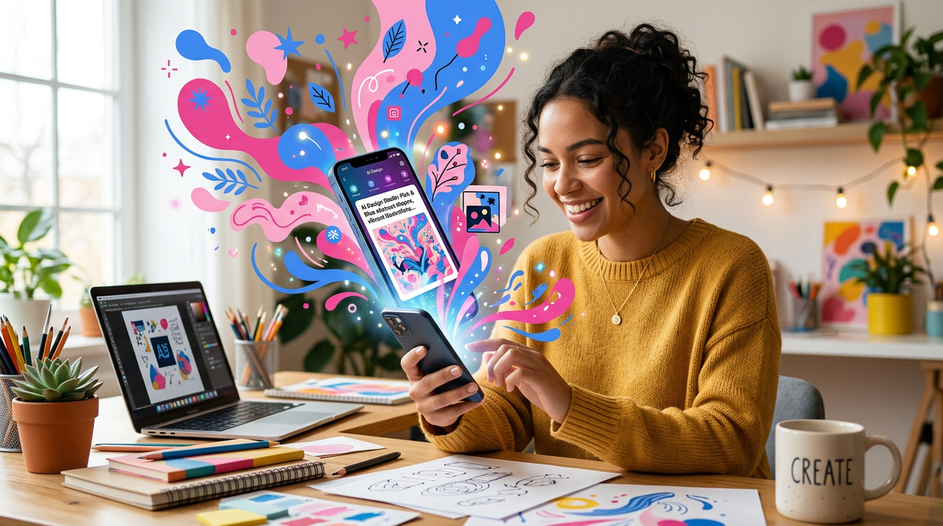 Persona creando imágenes y diseños con inteligencia artificial desde el celular