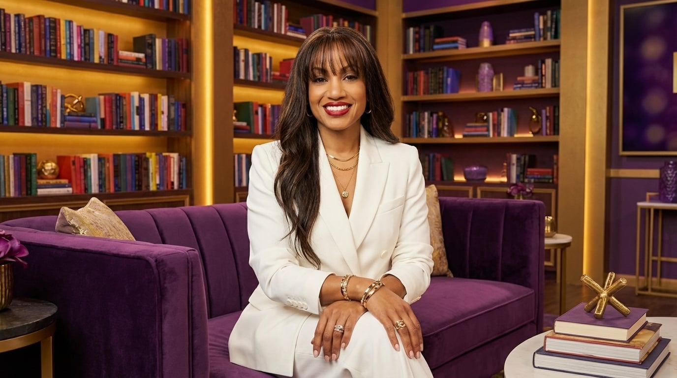 LyNea LB Bell on the set of The Book Lounge - a luxurious book lounge studio with purple velvet and bookshelves