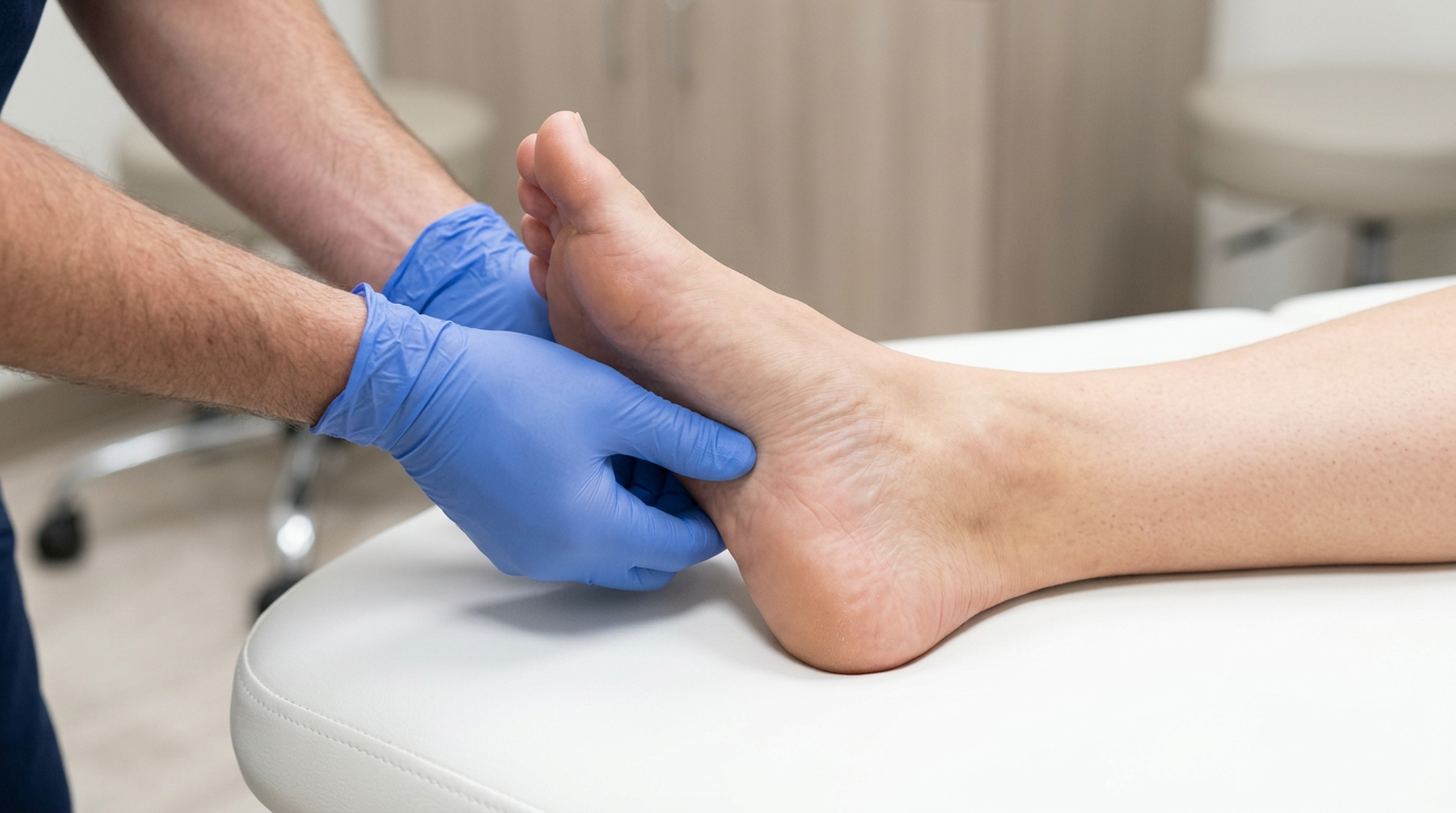 Close-up of clinician hands pressing on the plantar surface of a patient foot near the heel during diagnostic palpation