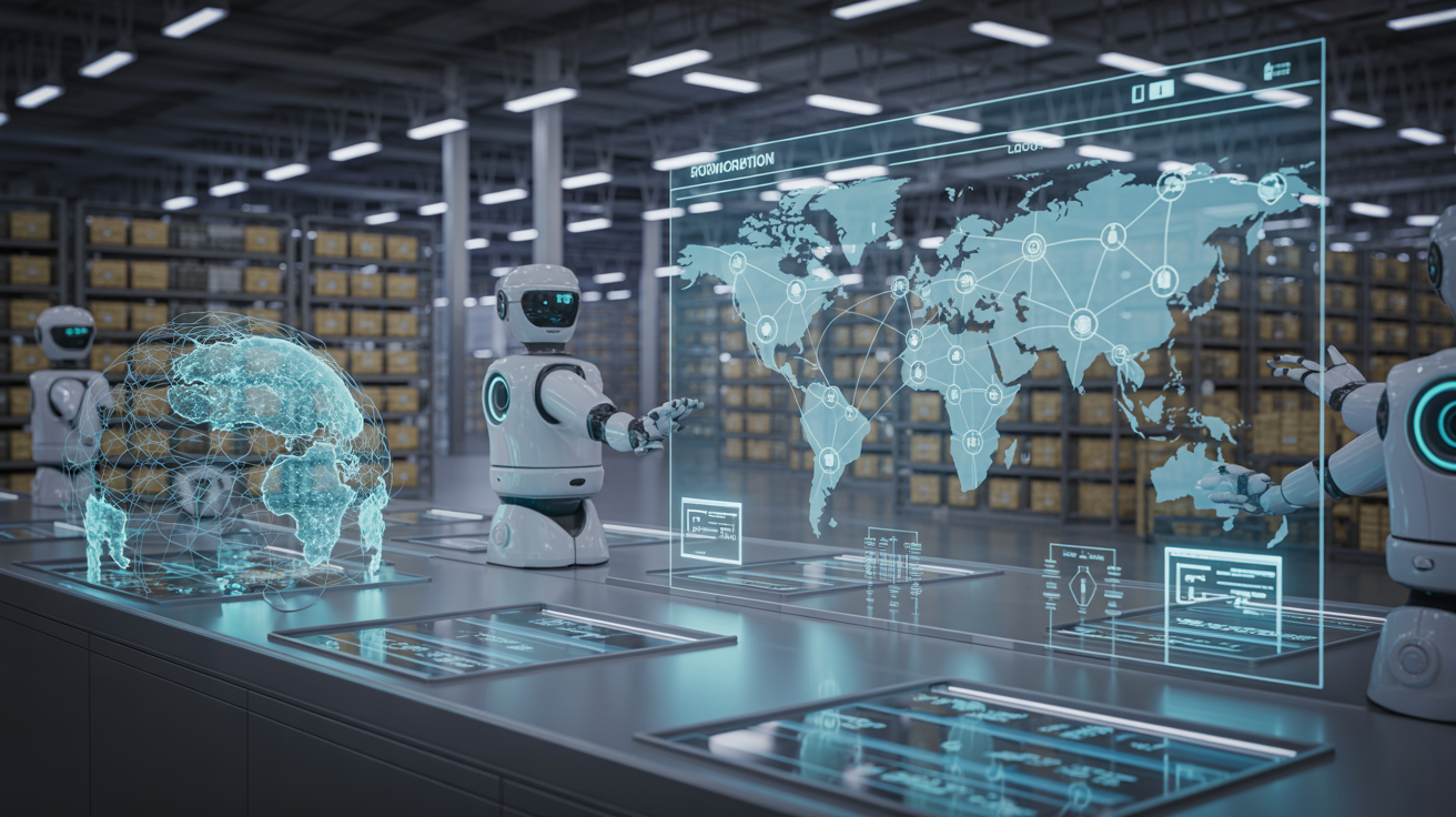 Futuristic industrial procurement control center with holographic AI interfaces displaying global supply chain networks and autonomous systems