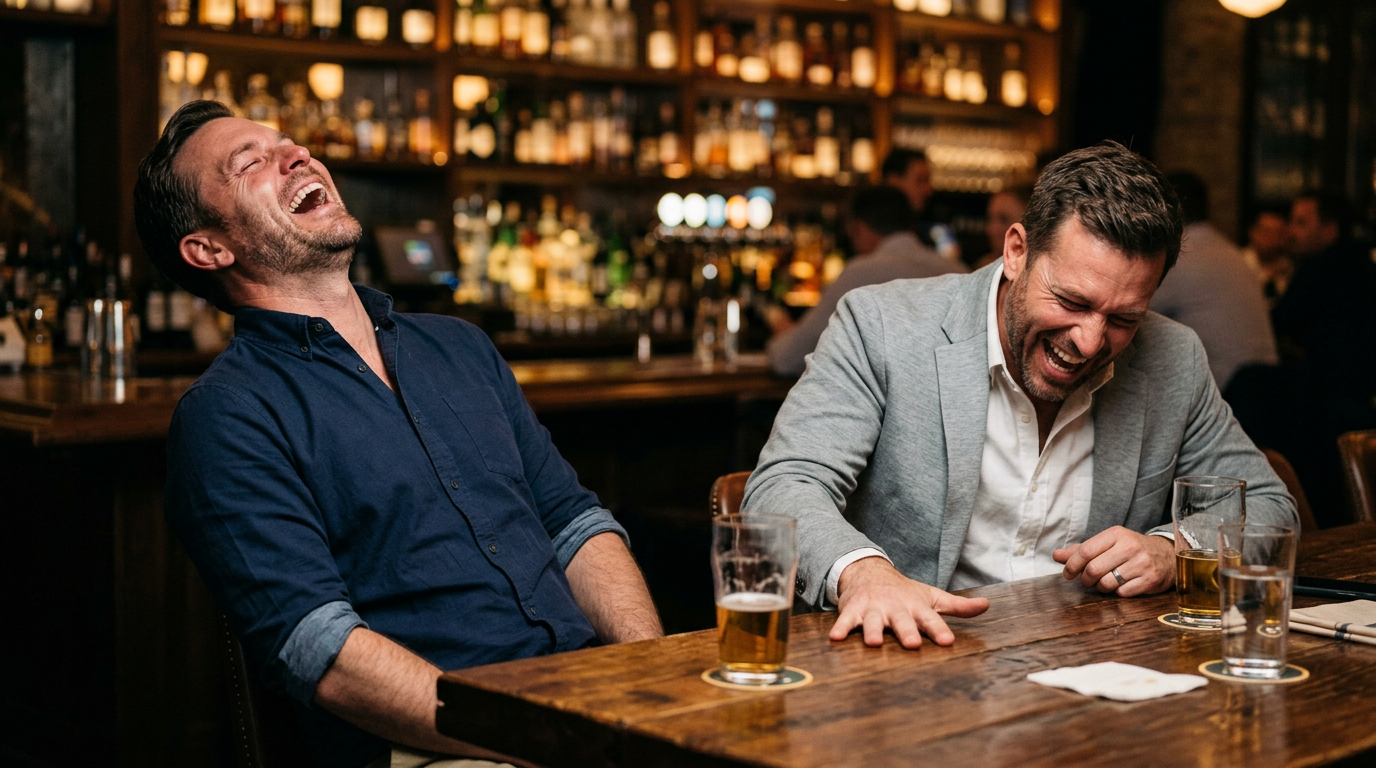 Two guys cracking up laughing at a bar — because someone just said they built their website with AI
