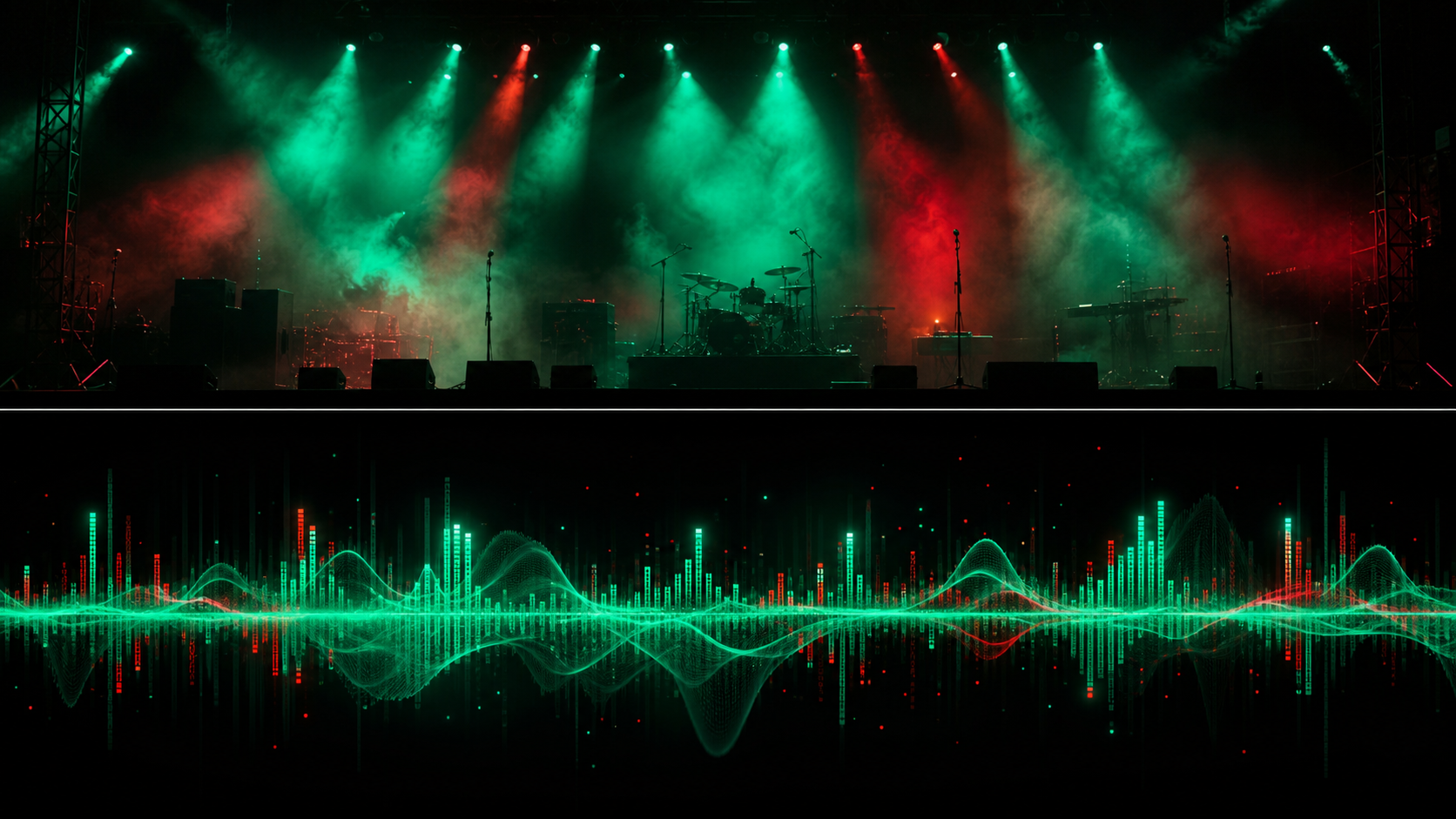 Yeşil ve kırmızı sahne ışıklarıyla atmosferik konser sahnesi