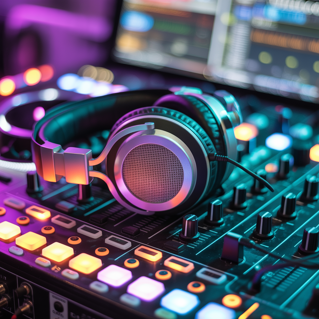 Professional DJ headphones on mixing console with atmospheric lighting
