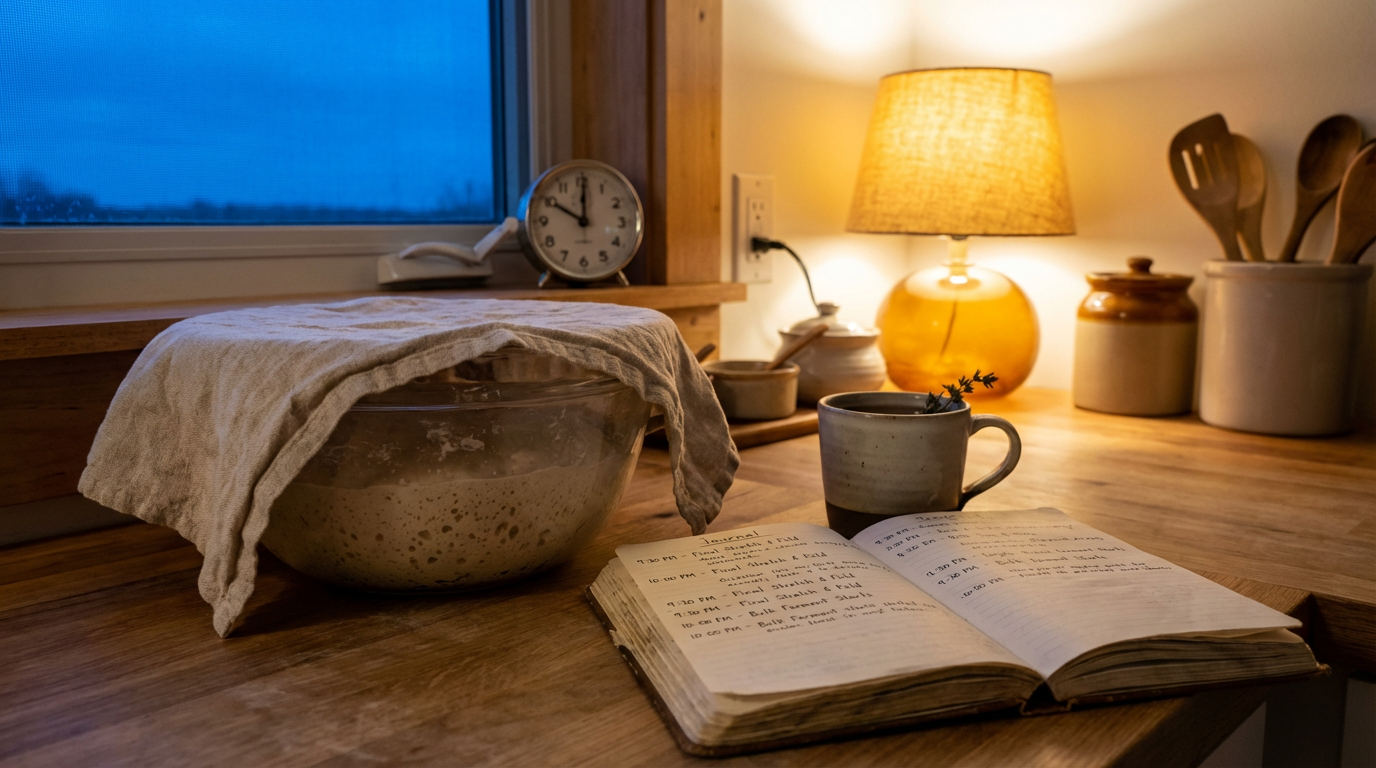Cozy nighttime kitchen scene with a covered glass bowl of sourdough bulking on the counter, a baker’s notebook with handwritten schedule, a mug of herbal tea, and an analogue clock showing 10pm with warm amber kitchen light against cool blue window light
