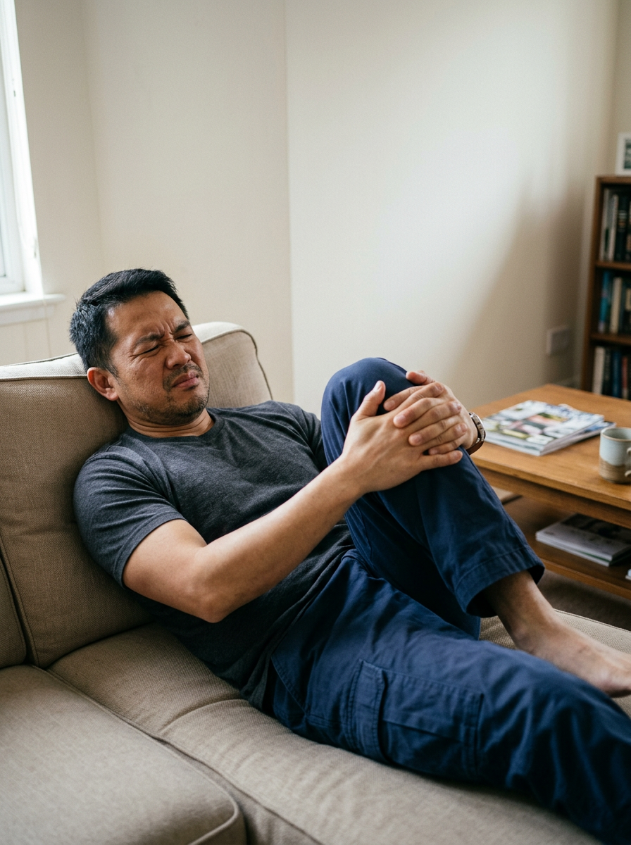Asian male veteran in his 40s lying on a couch trying to pull his knee toward his chest grimacing in pain from hip limitation