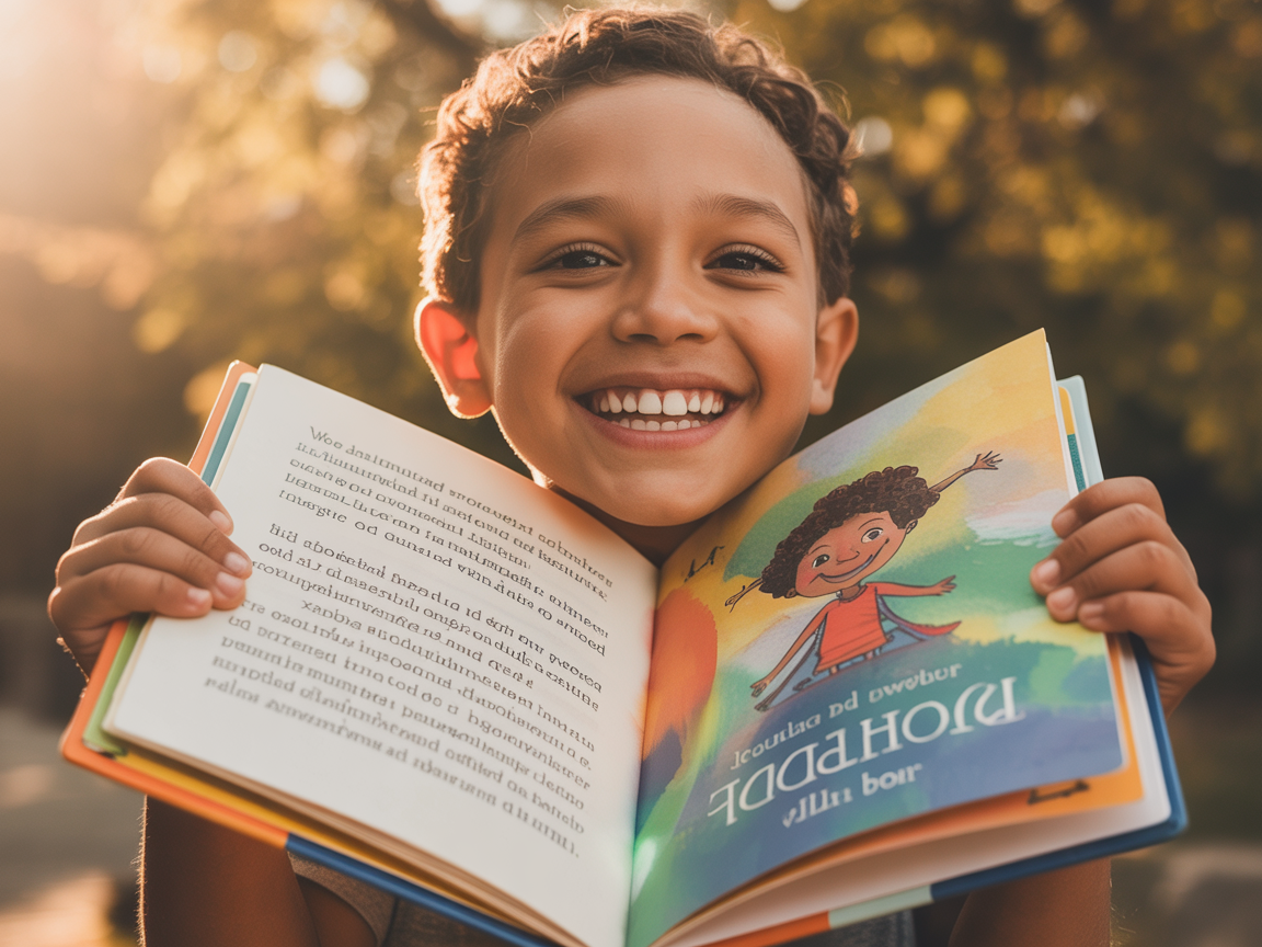 A proud child holding their professionally published hardcover book